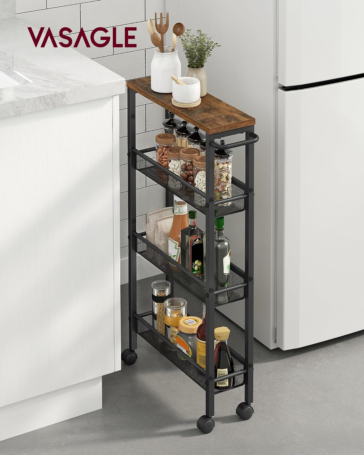 Desserte 4 Niveaux, Étagère de Cuisine Fin avec roulettes, Cadre en Acier, Poignée, Petit Espace, 13 x 45,4 x 77 cm, Salle de Bain, Salon, Bureau, Marron Rustique et Noir LRC032B01V1 Marron Rustique + Noir 4 Niveaux (13P x 77H cm)