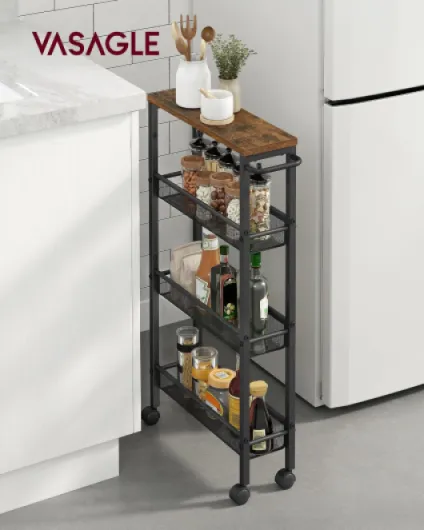 Desserte 4 Niveaux, Étagère de Cuisine Fin avec roulettes, Cadre en Acier, Poignée, Petit Espace, 13 x 45,4 x 77 cm, Salle de Bain, Salon, Bureau, Marron Rustique et Noir LRC032B01V1 Marron Rustique + Noir 4 Niveaux (13P x 77H cm)