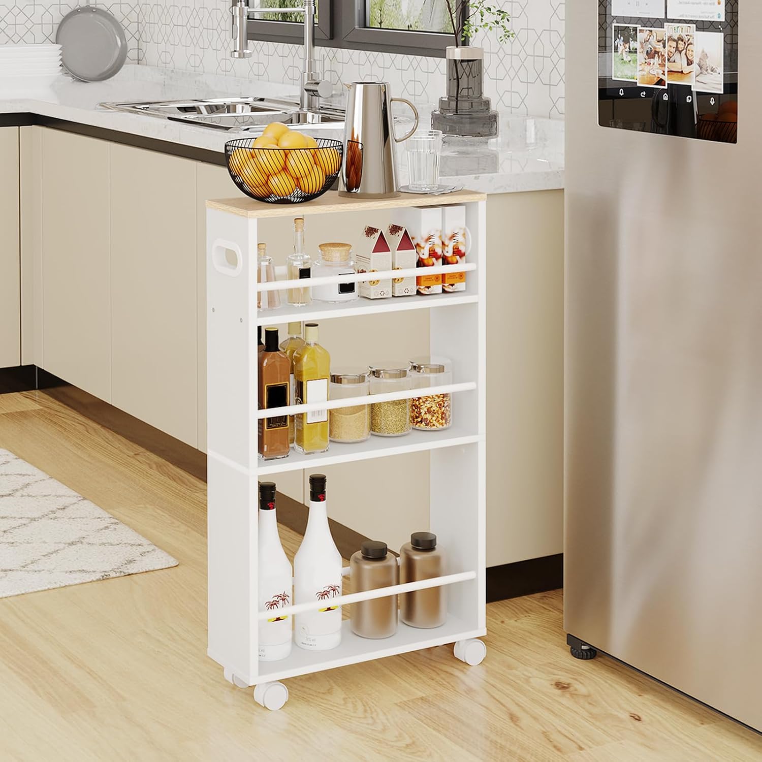 Chariot de Rangement, Desserte de à 4 Niveaux avec Poignée, Desserte Cuisine roulettes avec Freins, avec Bords Rehaussés, Fin, pour Cuisine, Salle de Bain, Blanc et Couleur Bois EWN15TC01 45 x 15 x 80 cm Blanc + Couleur Bois