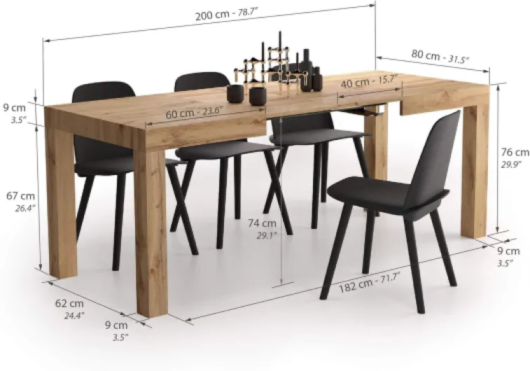 , Table à Manger Extensible, First, 120(200) x80 cm, Bois Rustique, pour 6-8 Personnes, Table Extensible pour Cuisine, Salon, Made in Italy 120 x 80 x 76 cm Bois Rustique