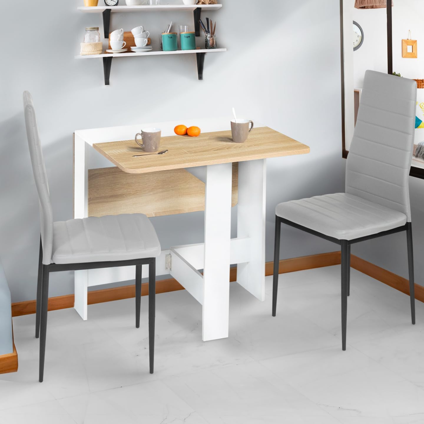 Table Console Pliable EDI 2-4 Personnes Bois Blanc Plateau façon hêtre 103 x 76 cm 103 x 76 x 75 cm Blanc avec Finition Hêtre