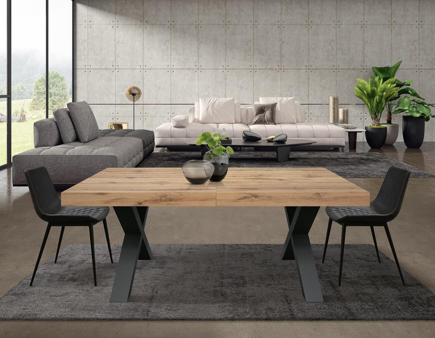 Table extensible Marco, table salon, cuisine, pieds croisés x noirs, fabriquée en Italie, chêne rustique, 180 x 90 x 76 cm - id 1998 180x90x76 Pied noir Chêne Rustique