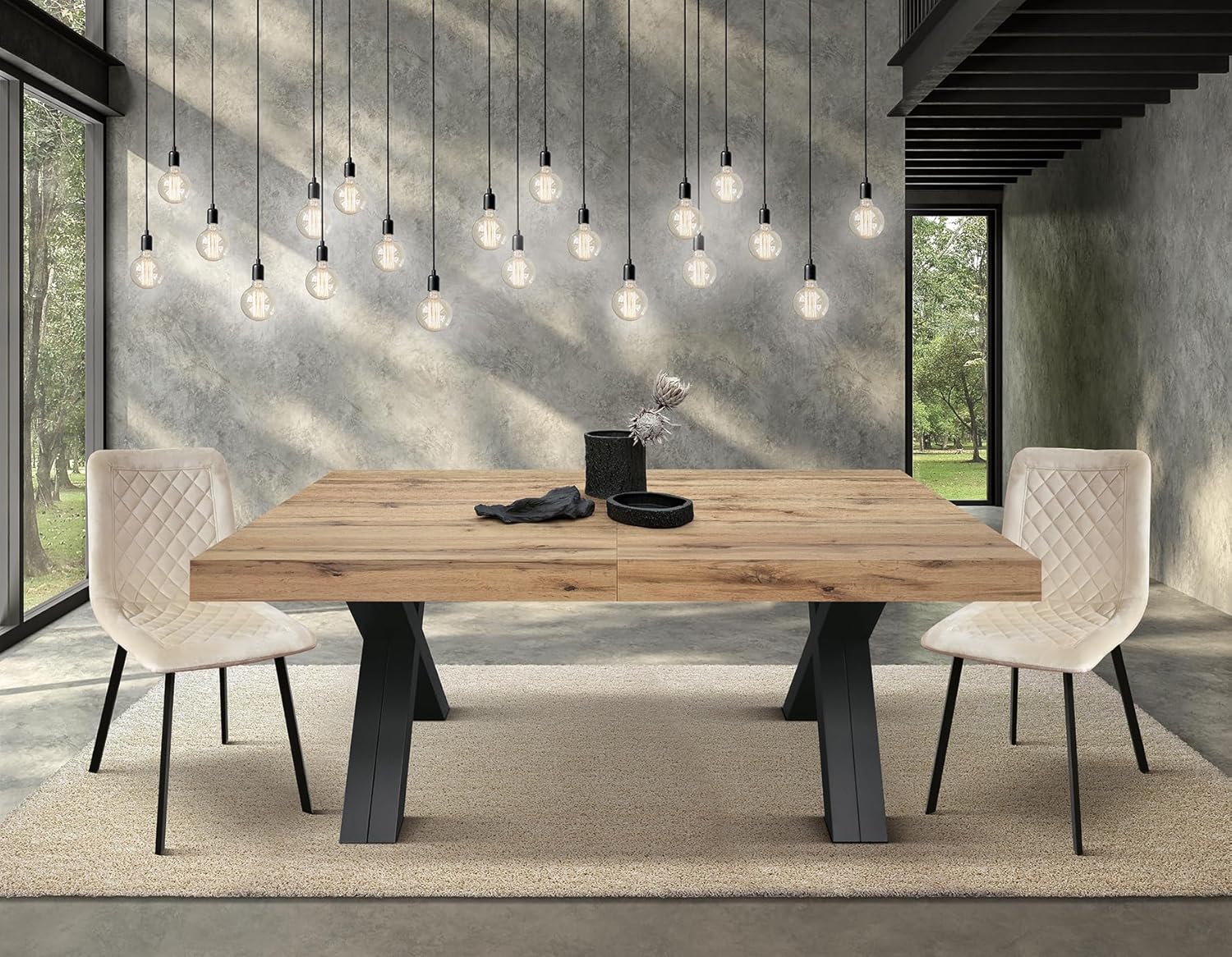 Table Extensible Roberta, chêne Rustique, mélaminé, Pieds en MDF Noirs en X, de 180 à 480 cm, fabriqué en Italie - id 2005 Chêne Rustique avec Pieds Noirs