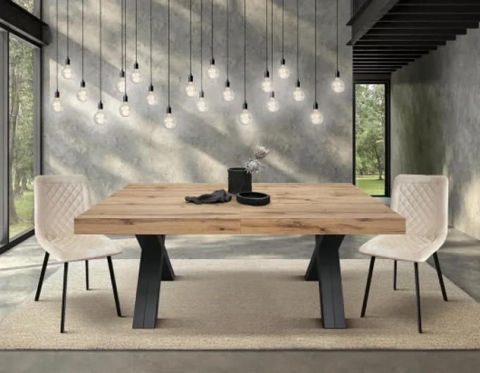Table Extensible Roberta, chêne Rustique, mélaminé, Pieds en MDF Noirs en X, de 180 à 480 cm, fabriqué en Italie - id 2005 Chêne Rustique avec Pieds Noirs