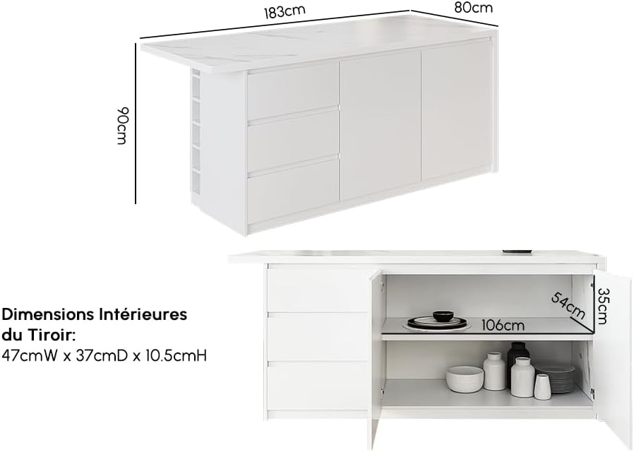 Îlot Central de Cuisine avec Rangements 183 cm Blanc, Meuble Îlot Moderne avec 3 Tiroirs, 2 Portes & 6 Étagères, en Bois, Résistant à l'eau, pour Salle à Manger Blanc Mat et Blanc 183 cm: Tiroirs à gauche Standard: Bois d'ingénierie