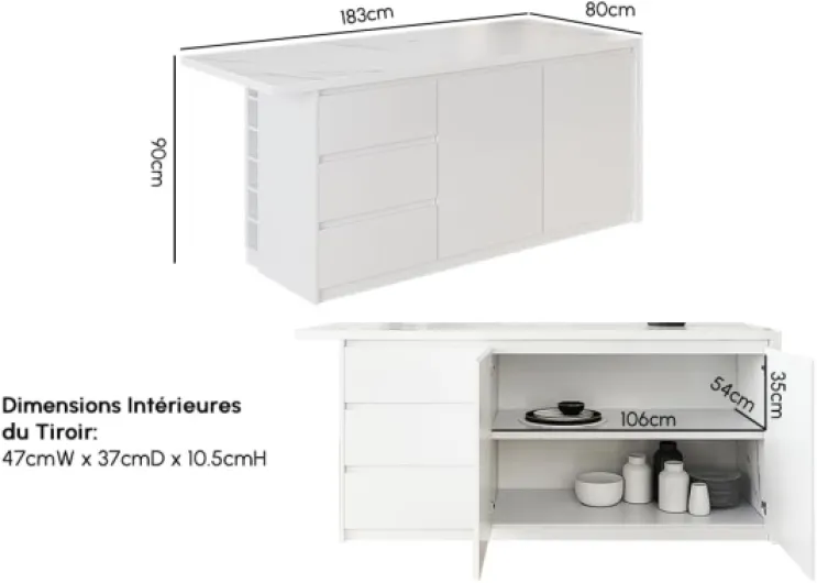 Îlot Central de Cuisine avec Rangements 183 cm Blanc, Meuble Îlot Moderne avec 3 Tiroirs, 2 Portes & 6 Étagères, en Bois, Résistant à l'eau, pour Salle à Manger Blanc Mat et Blanc 183 cm: Tiroirs à gauche Standard: Bois d'ingénierie