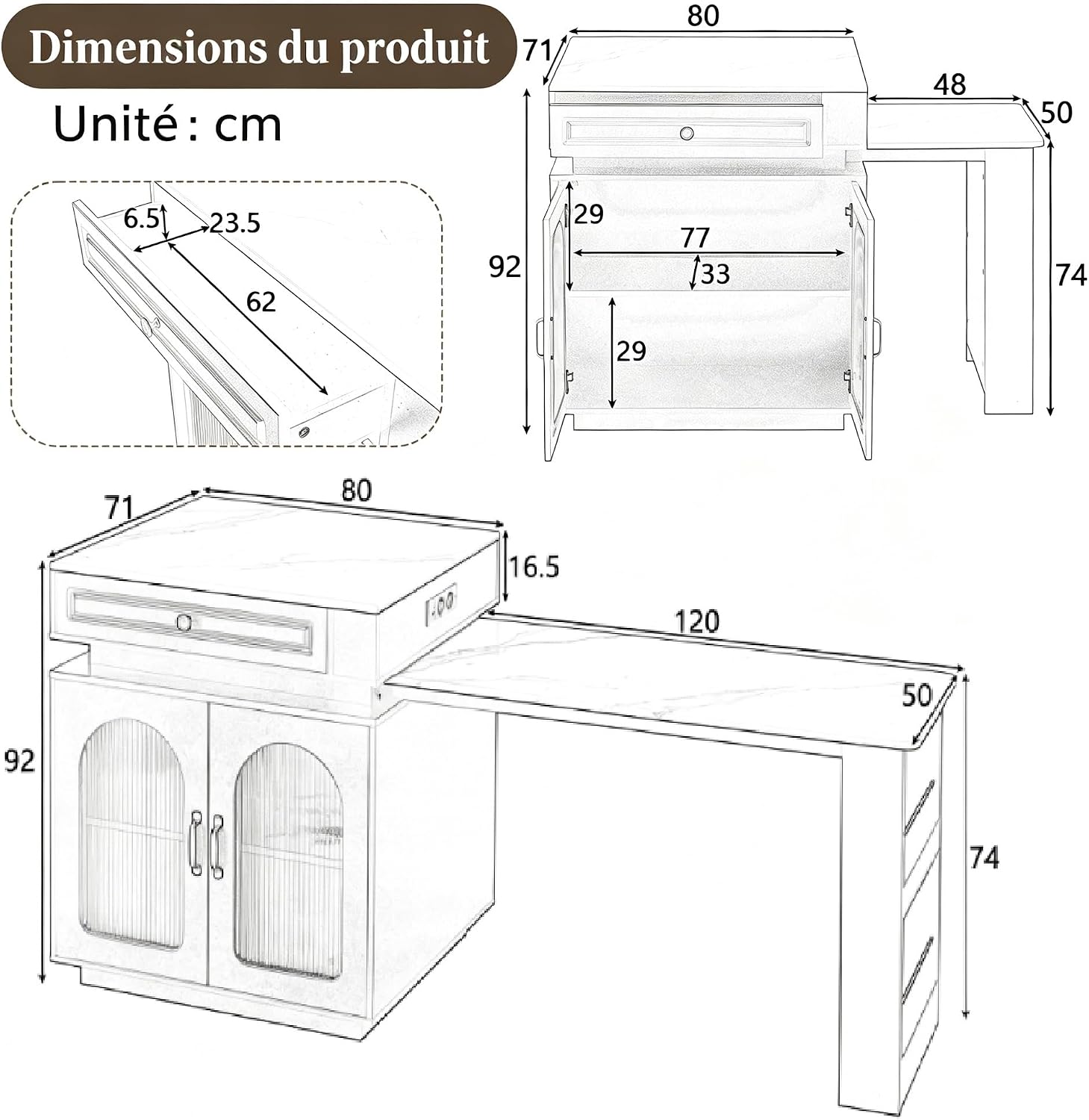 Îlot Central Cuisine avec Rangement et Table Extensible 3 Positions 128-200 cm, Îlot Mobile avec LED, Prises USB/Type-C, Portes en Verre Strié pour Cuisine et Salle à Manger, Blanc Blanc-led