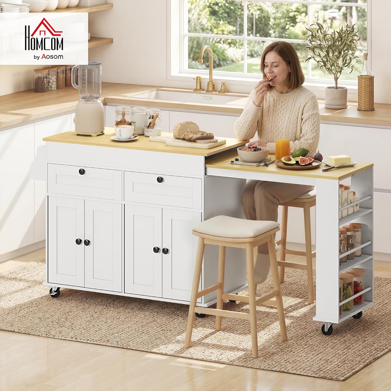 Îlot Central Cuisine Plateau Extensible 127,2-189,2x50x87,8 cm Blanc - Desserte de Cuisine Sur Roulettes, 2 Tiroirs, 4 Portes, Porte-Serviettes, Porte-Épices, Style Rustique