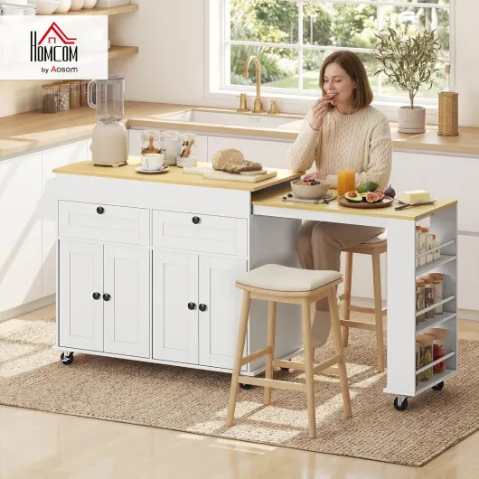 Îlot Central Cuisine Plateau Extensible 127,2-189,2x50x87,8 cm Blanc - Desserte de Cuisine Sur Roulettes, 2 Tiroirs, 4 Portes, Porte-Serviettes, Porte-Épices, Style Rustique