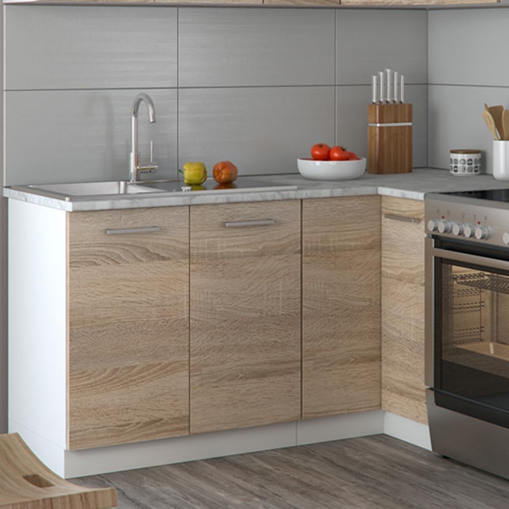 Cuisine d'angle Rick, Sonoma/Blanc, 187 x 167 cm - PT Marbre, avec des éléments modulaires extensibles pour une planification de cuisine flexible sans barre de LED Sonoma/White