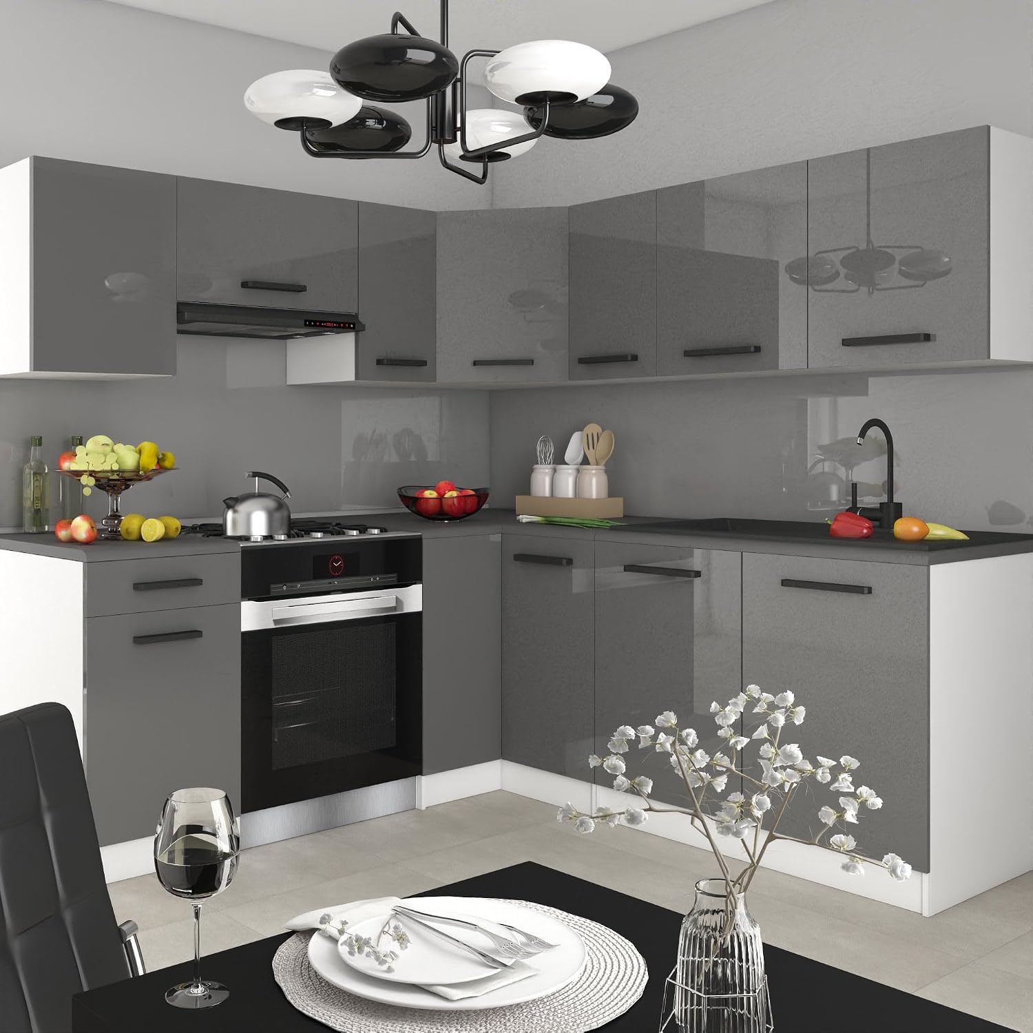 Belini Italia 6 Meuble Cuisine d'angle 360cm Gris Brillant - Cuisine complète, meubles hauts et bas inclus, montage facile