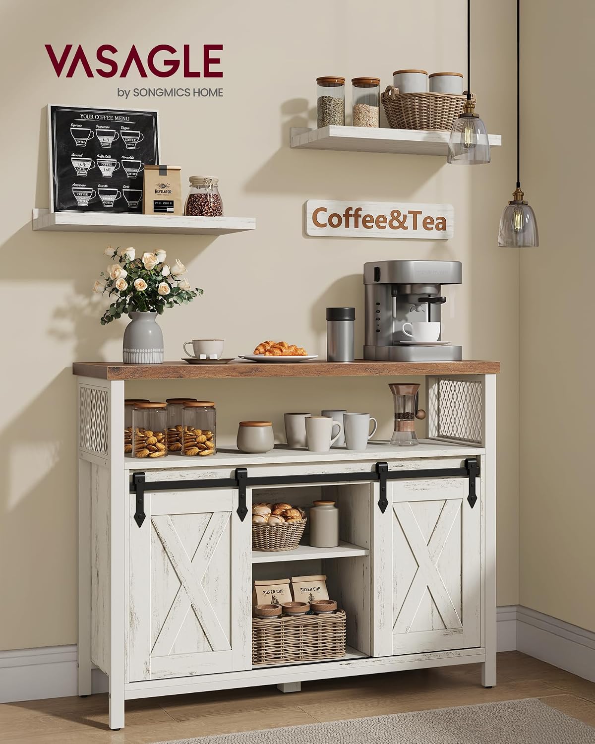 Buffet Cuisine, Meuble de Rangement, avec 2 Portes Coulissantes - Bahut, pour Salon, 33 x 100 x 80 cm, Étagères Réglables, Blanc rustique et Blanc crème, Daxton Collection LSC092W01 Blanc Rustique + Marron Miel