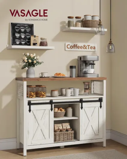 Buffet Cuisine, Meuble de Rangement, avec 2 Portes Coulissantes - Bahut, pour Salon, 33 x 100 x 80 cm, Étagères Réglables, Blanc rustique et Blanc crème, Daxton Collection LSC092W01 Blanc Rustique + Marron Miel