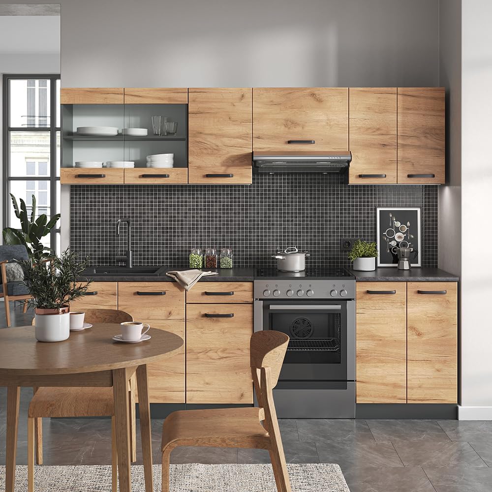 Ligne de Cuisine Raul, Chêne doré/Anthracite, 240cm - PT À motifs noirs, combinable de manière flexible avec des éléments modulaires Goldkraft Oak/Anthracite 240 x 82 x 60 cm Without LED Bar