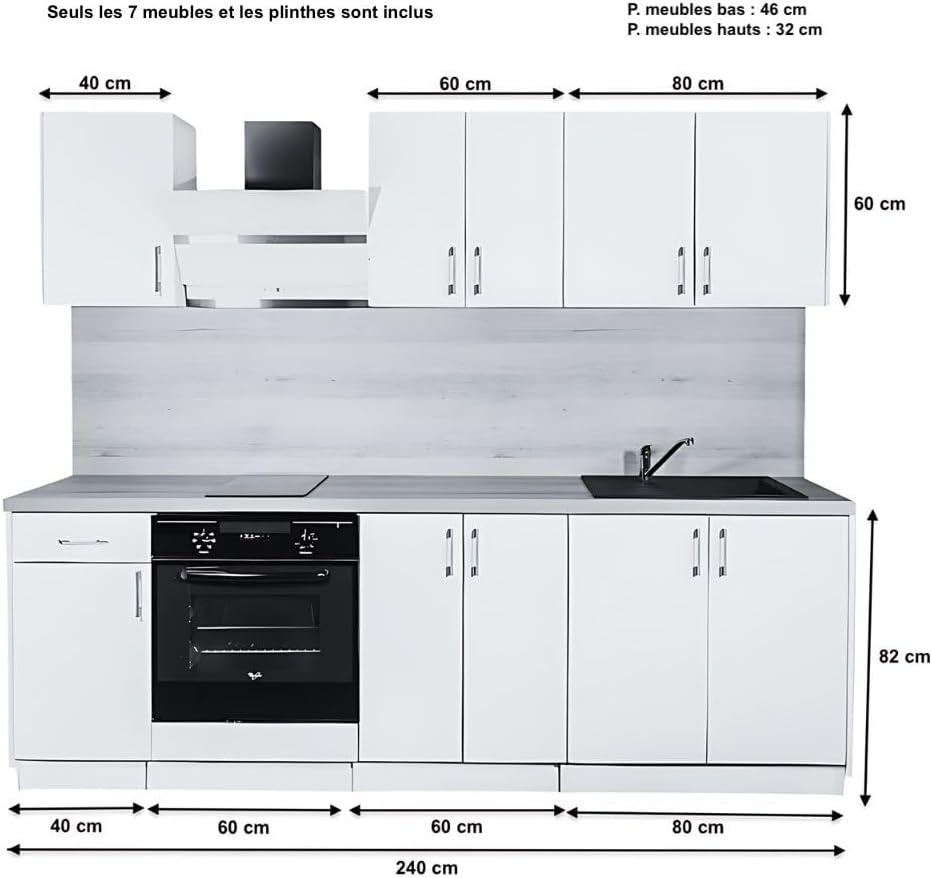 Cuisineandcie - Rangement Cuisine Equipee Complete ECO Blanc Brillant 240 cm - Set de 7 Meubles
