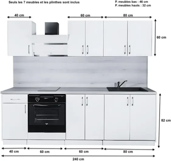 Cuisineandcie - Rangement Cuisine Equipee Complete ECO Blanc Brillant 240 cm - Set de 7 Meubles