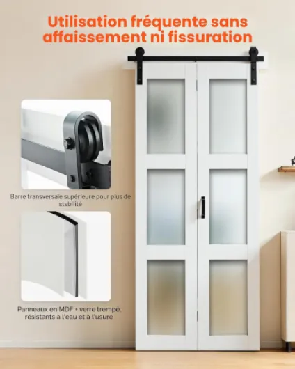 Porte Coulissante Intérieure 91,4x213,4 cm, Porte de Grange Pliante en MDF avec Verre Trempé, pour Séparation de Pièce Chambre Salon Placard, Quincaillerie Incluse, Panneaux Pré-assemblés, Blanc Blanc 36" (18"x2) x 84"