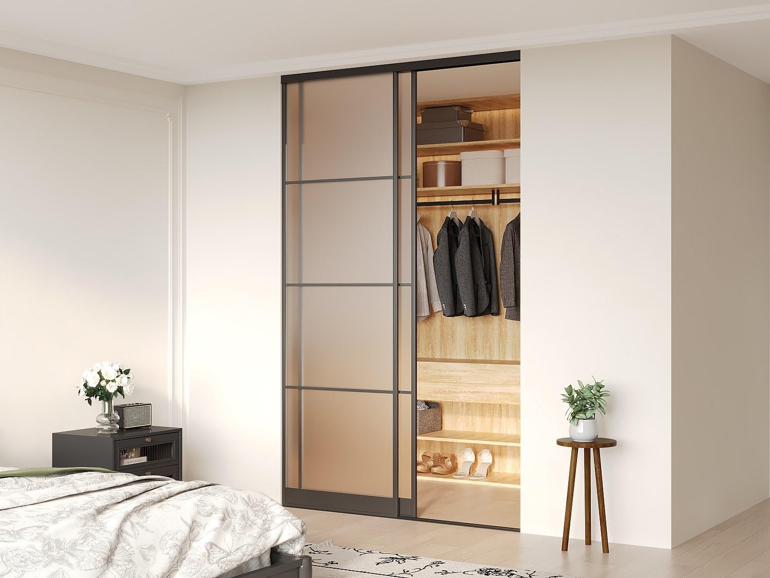 Vente-unique - Portes de Placard coulissantes en Acier - Noir et Verre trempé dépoli - H250 x L150 cm - ATERMA