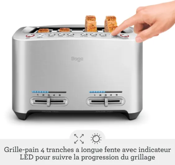 The Smart Toast, Grille-Pain 4 Fentes à Larges, Aluminium Brossé - 4 Fentes Extra-Larges, 5 Réglages, Fonctions a Bit More, Lift et Look, Bagel; Descente Automatique et Ramasse-Miettes Frontal 4-Slice