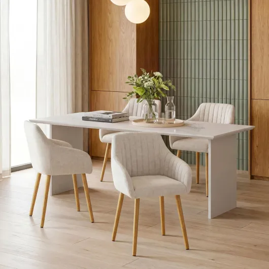 Lot de 4 Chaises Fauteuil Salle à Manger Chaises Beige avec Accoudoirs rembourrée en Polyester avec Pieds en Bois pour Salon Cuisine et Bureau 4 chaises Beige