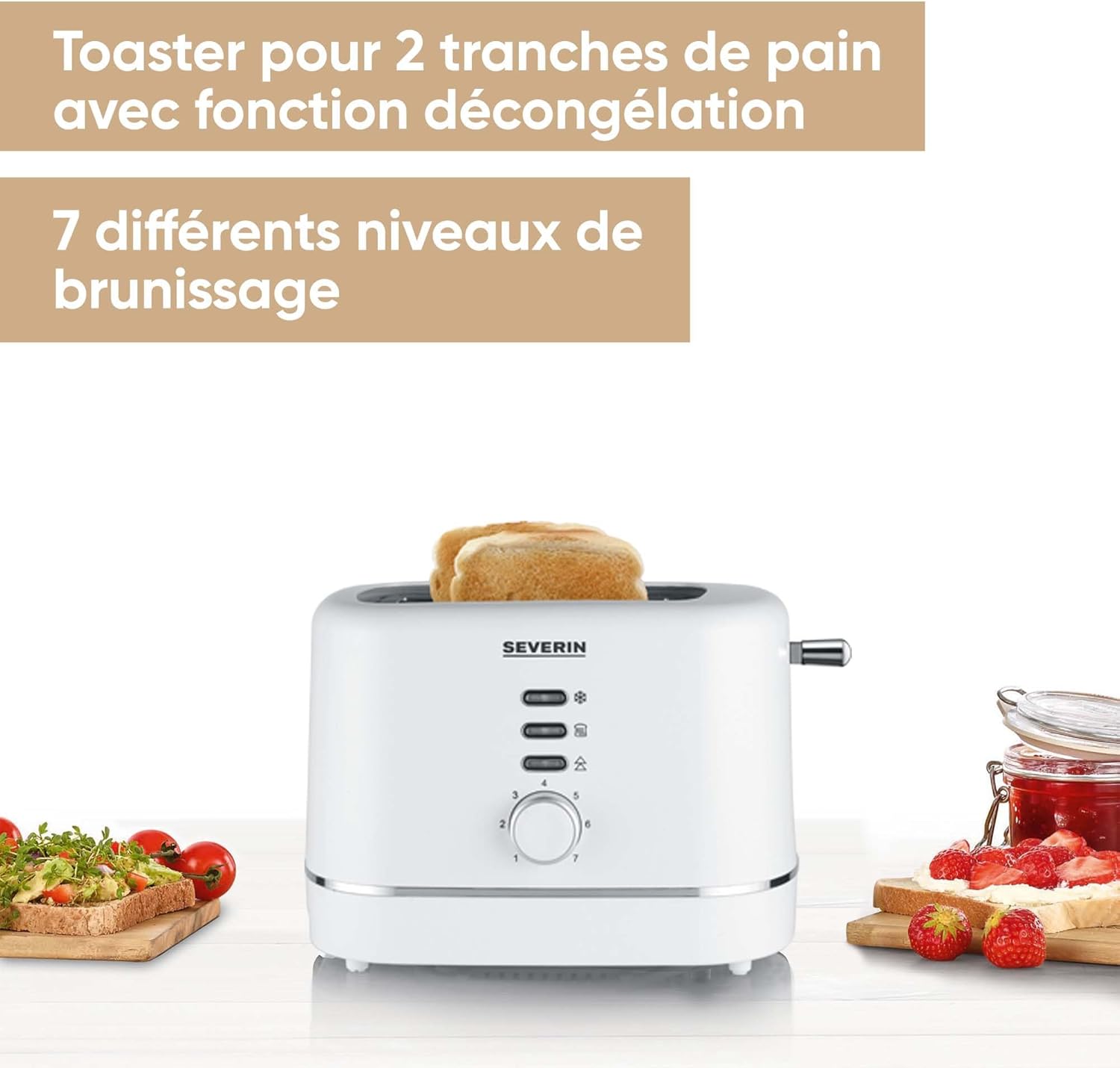 Grille-pain automatique 850 W, Toaster compact 2 fentes jusqu'à 2 tranches, Grille-pain électrique avec réglage du degré de brunissage & fonction décongélation, Blanc, KA 4324