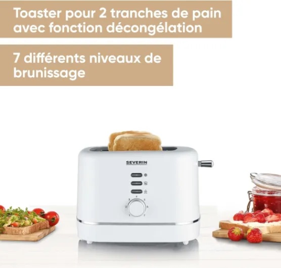 Grille-pain automatique 850 W, Toaster compact 2 fentes jusqu'à 2 tranches, Grille-pain électrique avec réglage du degré de brunissage & fonction décongélation, Blanc, KA 4324