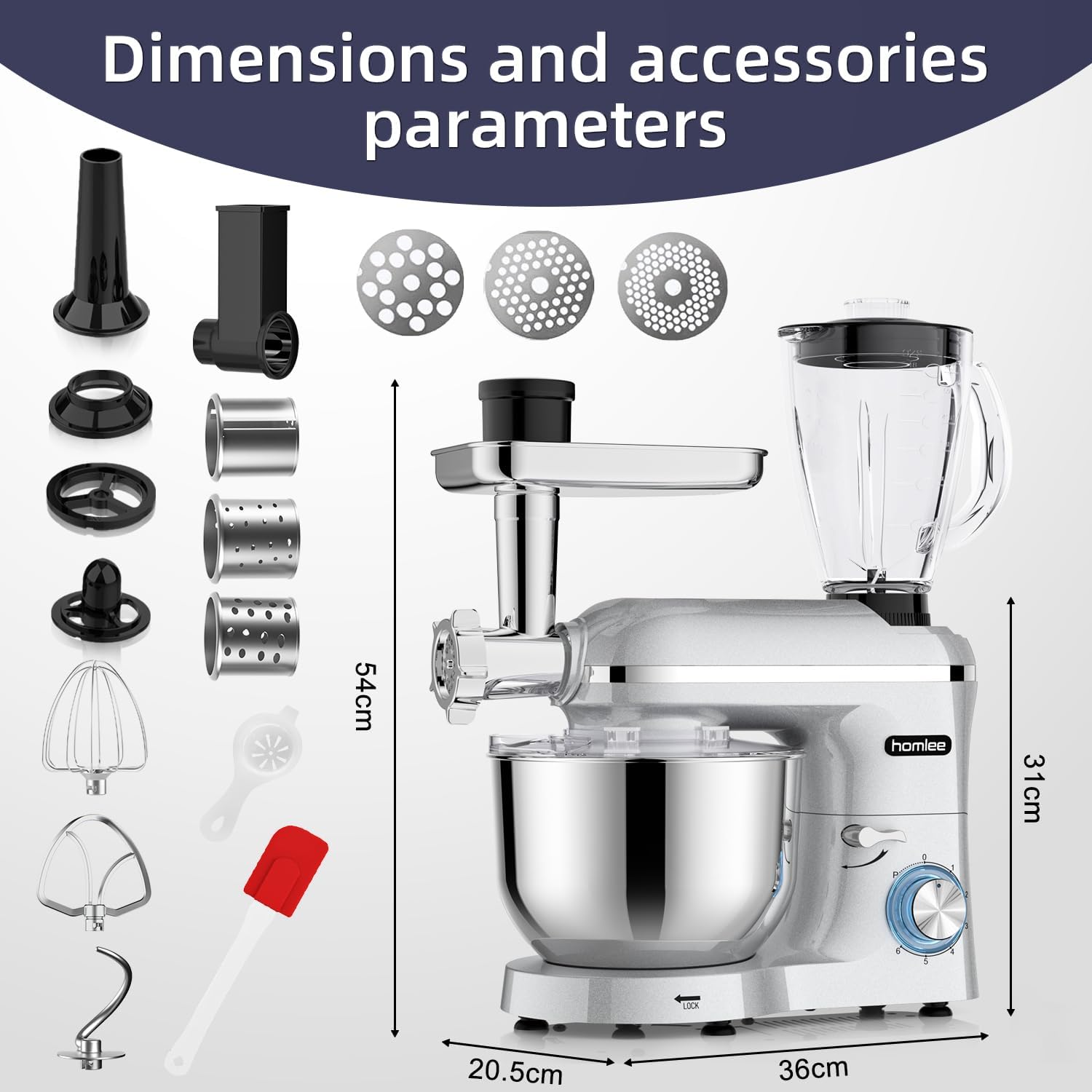 3 en 1 Robot Pâtissier,2000W Robot Cuisine Multifonctions,avec Hachoir à Viande,1,5L Mixeur,Ensemble de légumes,Accessoires pour Saucisses,5.5L Bol Mélangeur,Fouet,Crochet Pétrisseur,Batteur Argent