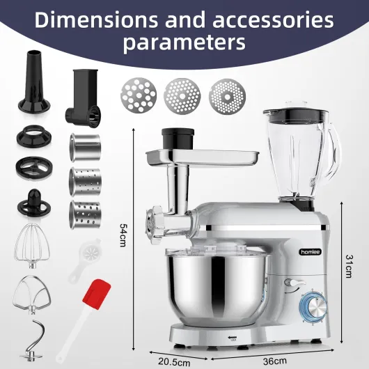 3 en 1 Robot Pâtissier,2000W Robot Cuisine Multifonctions,avec Hachoir à Viande,1,5L Mixeur,Ensemble de légumes,Accessoires pour Saucisses,5.5L Bol Mélangeur,Fouet,Crochet Pétrisseur,Batteur Argent