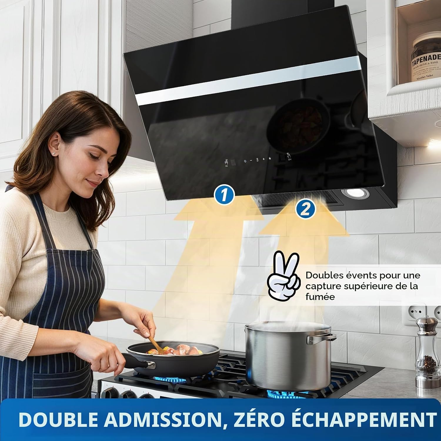 Hotte Aspirante 60cm, 800m³/h Hotte de Cuisine inclinée Silencieuse, A+++ Hotte aspirante sans Evacuation ou Recyclage Inclus Filtres Charbon, 3 Vitesses + Boost Fonction, Commande Tactile