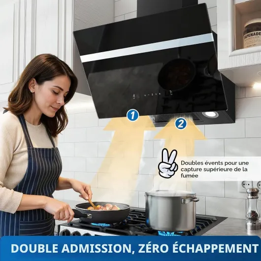 Hotte Aspirante 60cm, 800m³/h Hotte de Cuisine inclinée Silencieuse, A+++ Hotte aspirante sans Evacuation ou Recyclage Inclus Filtres Charbon, 3 Vitesses + Boost Fonction, Commande Tactile