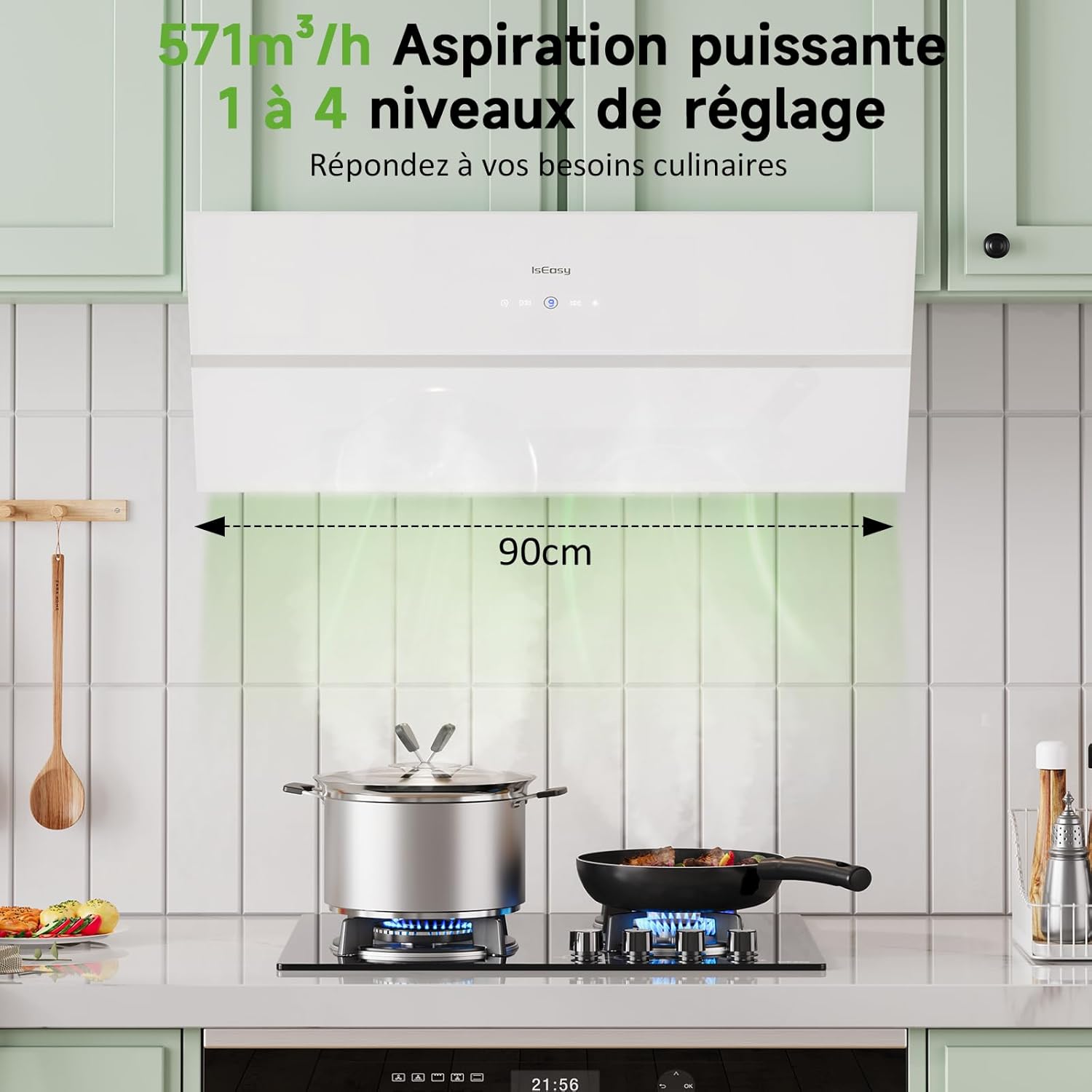 Hotte Aspirante 90 cm, IsEasy Hotte Murale 90 cm, 571 m³/h Forte Aspiration, 4 Niveaux, Fixateur de Panneau, Mode Évacuation, Temporisation d’Arrêt de 1 à 9 min, Fonction Mémoire, 61dB, Blanc, A++