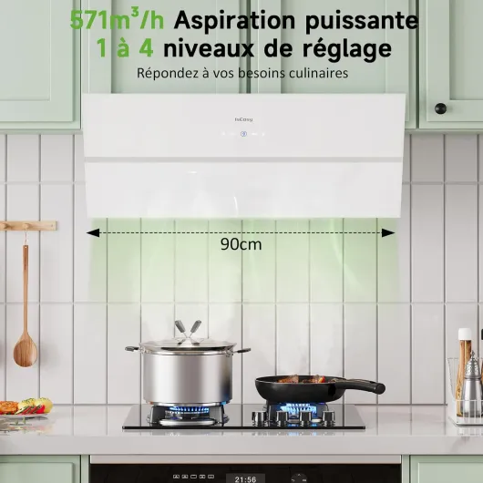 Hotte Aspirante 90 cm, IsEasy Hotte Murale 90 cm, 571 m³/h Forte Aspiration, 4 Niveaux, Fixateur de Panneau, Mode Évacuation, Temporisation d’Arrêt de 1 à 9 min, Fonction Mémoire, 61dB, Blanc, A++