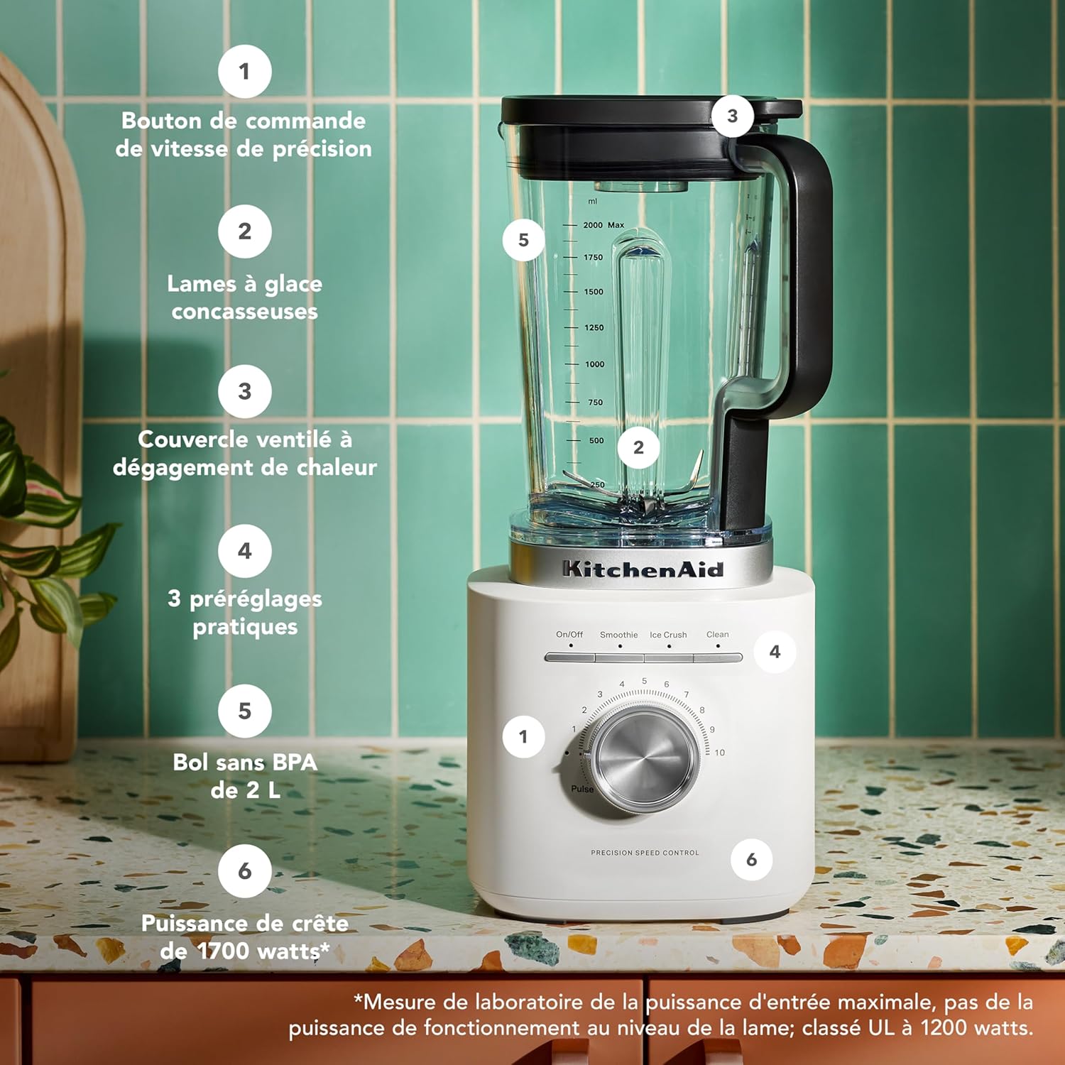 Blender Pure Power, Pichet 2L Sans BPA, 10 Vitesses, Programmes Glace & Smoothie, Lames Inox Asymétriques, Base Métal, Blanc Porcelaine Porcelain White