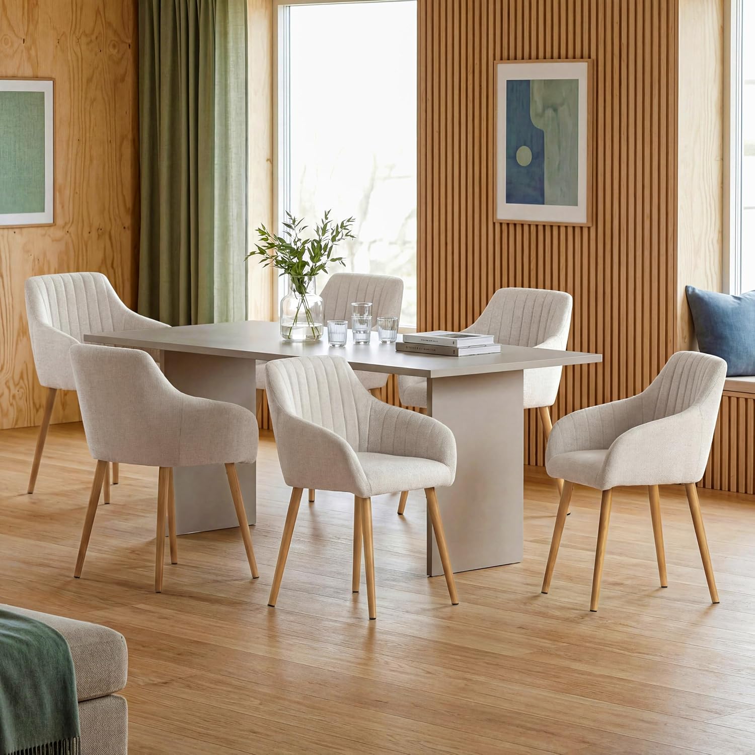 Chaises Beige Salle à Manger avec Accoudoirs Lot de 6 Chaises Fauteuil rembourrée en Polyester avec Pieds en Bois pour Salon Cuisine et Bureau 6 chaises Beige